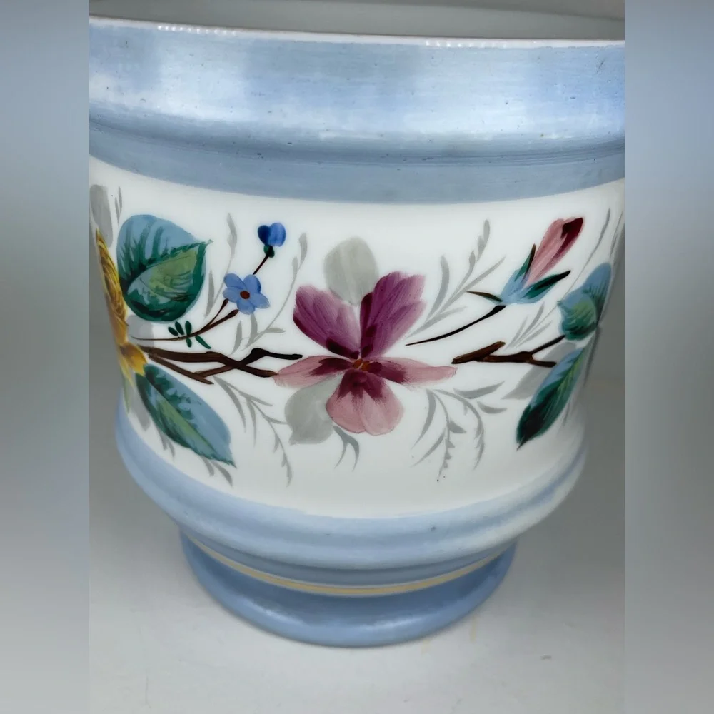 Vintage Milk Glass planter Westmoreland Style 1950s Cachepot floral hand painted
